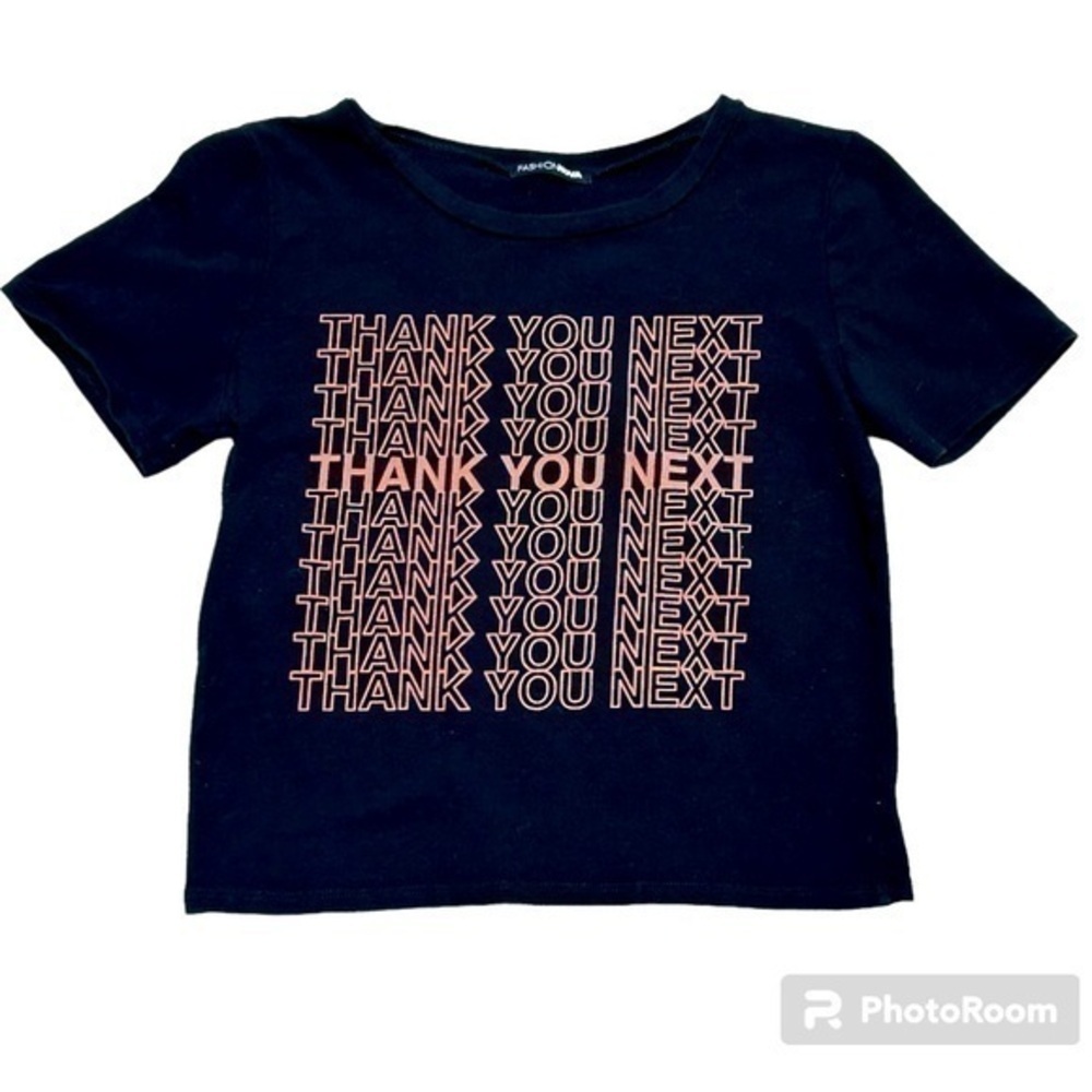 FASHION NOVA THANK YOU NEXT BLACK PINK CROP TOP T-SHIRT, SIZE S